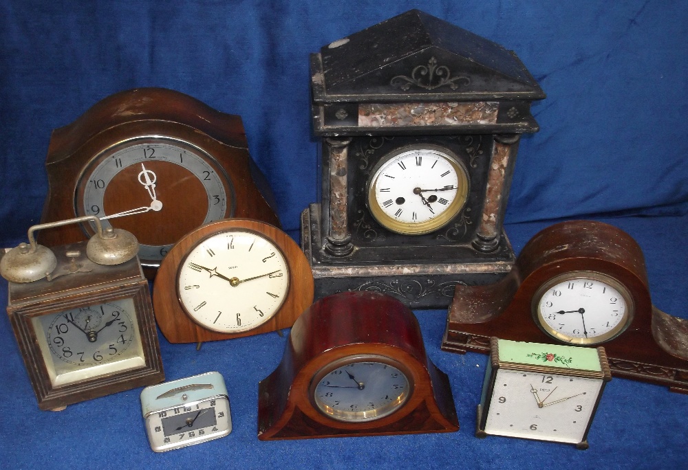 Clocks, a group of 8 vintage & retro clocks inc. black slate mantle clock, French & Swiss made