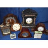 Clocks, a group of 8 vintage & retro clocks inc. black slate mantle clock, French & Swiss made