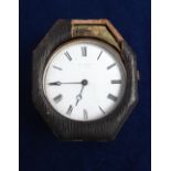 Clock, a Geo Blackie brass & enamel faced clock in leather case, case in poor condition with piece