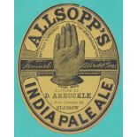 Beer label, Allsopp's, India Pale Ale, bottled by D Arbuckle, Glasgow, c1885, v.o, (punch hole,