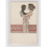 Postcard, Art Nouveau card illustrated by R Kirchner 'Girls and Bronze Male Busts', Dell 'Aquila