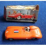 A Tekno No.813 Ferrari Racing Car, orange body, Dutch flag, bare metal hubs, white plastic driver,