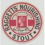 Beer label, Raggetts' Nourishing Stout, London, circular, 68mm, (sl edge tear & crease) (scarce) (