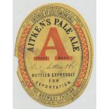 Beer label, Aitken's Pale Ale label, bottled expressly for exportation, believed to be for Trinidad,