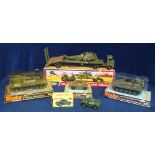 Military Dinky Toys, 618 AEC Artic Transporter With Helicopter, 654 155mm Mobile Gun, 670 Armoured