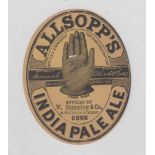 Beer label, Allsopp's India Pale Ale bottled by W Cumming & Co, Cork, Ireland, v.o, (punch hole in