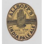 Beer label, Allsopp's India Pale Ale bottled by Thos Wyse, Railway Hotel, Falkirk, v.o, c1884 (2