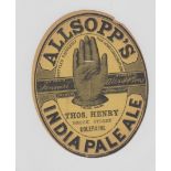 Beer label, Allsopp's India Pale Ale bottled for Thos Henry of Coleraine, v.o, c1884, (punch mark,