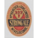 Beer label, Wm Hancock & Sons Limited, Wiveliscombe, Strong Ale v.o 110mm high, pre-merger (1927),