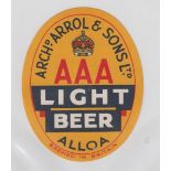 Beer label, Archd. Arrol & Sons Ltd, Alloa, AAA Light Beer, v.o, 97mm high (odd small pieces of