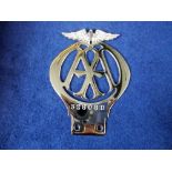 Motoring, a 1920's Chromium plated AA members badge number 32808.D (fine, unused, condition)