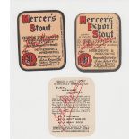 Beer labels, John Mercer Ltd, Salford Brewery, Blackburn, group of 3 Mercer's Brewery Labels,