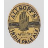 Beer label, Allsopp's India Pale Ale bottled by D Johnson, Dundee, v.o, c1884 (punch mark to