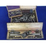 Engineering Tools, a case of vintage metal tools including sliding bevels, measuring callipers,