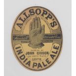 Beer label, Allsopp's India Pale Ale, bottled by John Gibson of Leith, c1884, v.o, (punch mark to