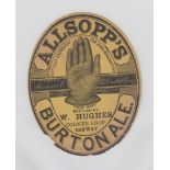 Beer label, Allsopp's Burton Ale bottled by W Hughes, Corner Shop, Conway, v.o, (gd) (1)