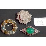 935 silver circular agate set brooch, together with a stirling silver green stone cabochon set