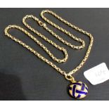 9ct gold Belcher link long guard chain, marked 9ct, attached a high purity blue and gold enamel