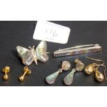 Sterling silver abalone set butterfly brooch, bar brooch and a pair of drop earrings; together