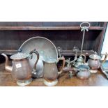 Collection of 19th Century metals including a brass door stop, three copper kettles and a wall