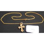 9ct gold foliate engraved cross upon slender Belcher chain, weight 2.6g approx.