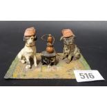 Cold painted metal group depicting two dogs smoking a hookah on a rug, width 4.25'