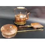 Victorian copper including a kettle and stand, coal shovel and a lidded pan.