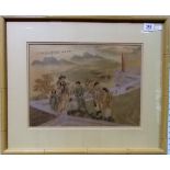 Chinese ink and watercolour on silk depicting figures on a terraced garden, mountains beyond, signed