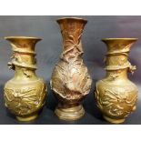 Japanese bronze vase relief moulded with various birds amongst foliage; together with a pair of