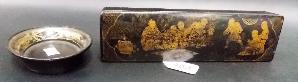 19th Century black papier mache stationery box, the hinged lid gilt decorated with chinoiserie
