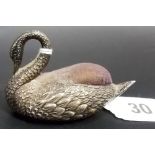 Edwardian silver pin cushion in the form of a swan by Addie & Lovekin, length 3', Birmingham 1907.