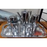 Olde Hall stainless steel 6-piece tea set, of beaten form, Warwick design by Leslie Wiggin