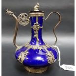 Chinese white metal mounted blue glazed porcelain teapot, the lid with rat finial, character marks