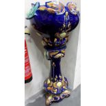 Large Art Nouveau pottery jardiniere & stand, relief moulded with stylised flowers upon a blue