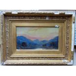 19th Century oil on board Mountainous river landscape at sunset 6' x 11.25'