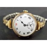 9ct gold lug manual wind wristwatch, the white enamel 25mm dial with Roman numerals and subsidiary