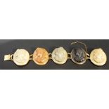 Gilt metal mounted lava rock five cameo bracelet, length 7'.