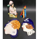 A Clarice Cliff style pottery wall mask depicting a lady with hat in profile, the back with