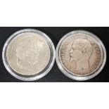 2 19th Century French silver 5 franc coins, 1832 & 1855