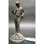 Small bronze Roman style nude gentleman figure upon circular base, height 5.5'.