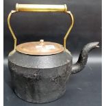Victorian cast iron kettle with copper lid & brass handle, height 13'