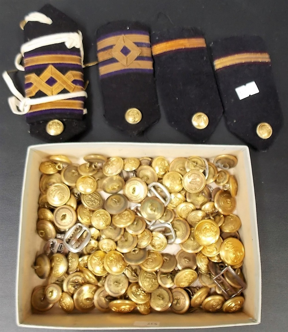 Quantity of British Naval gilt metal buttons and three officer's epaulettes.