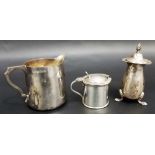 Silver small cream jug of plain form, Birmingham 1949; together with a silver pepper shaker and a