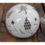 White opaque glass overlay dome ceiling light shade, cut with bunches of grapes and flowers,