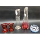 Pair of Bohemian wheel engraved cranberry overlay tumblers, pair of silver rimmed vases and a modern