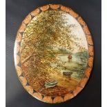 Terracotta painted oval wall plaque, painted with a river landscape, a white stately home beyond,