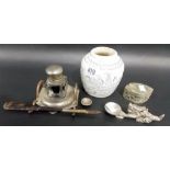 Chinese white metal hinge lidded inkwell, with two apertures for pens; together with a metal