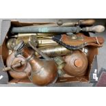Box of miscellaneous vintage metals including an Eastern copper ewer and a brass Ferndale Coal &