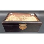 Oriental rectangular lacquer jewellery box, the hinged lid with glazed cork picture inset