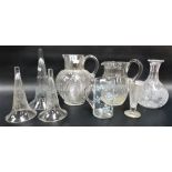Collection of Victorian glass including set of 3 wheel engraved glass trumpets for an epergne